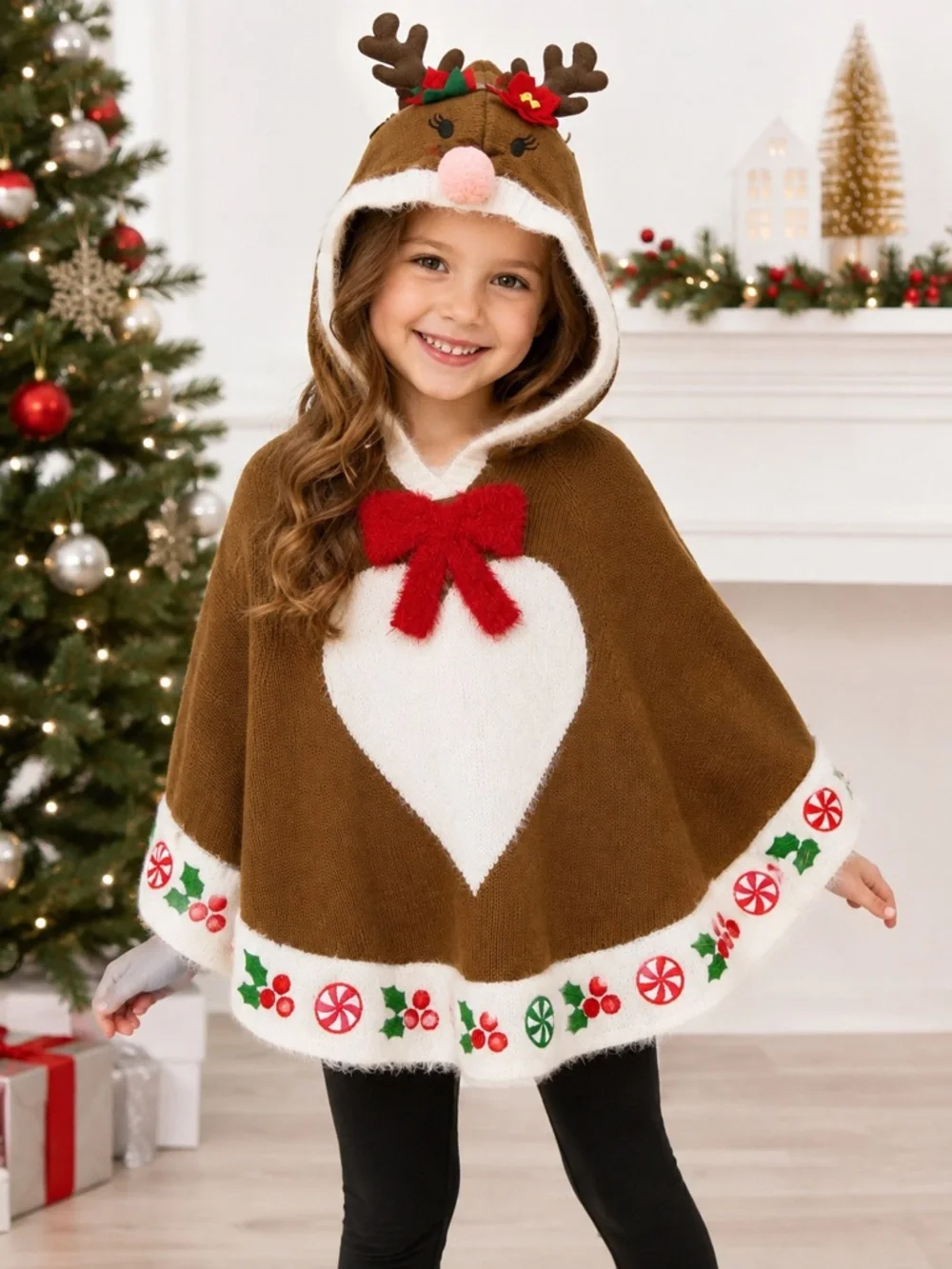 New - Margaux & Lexi Girls Reindeer Christmas Hooded Poncho Sweater | Size 5
